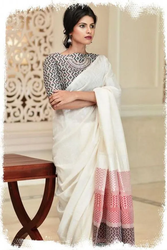 White color Digital Printed Cotton Linen Saree With Blouse Piece