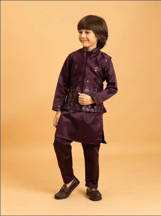 Maroon Color Thread with Sequence Embroidered Work Kids Kurta, Payjama with Koti