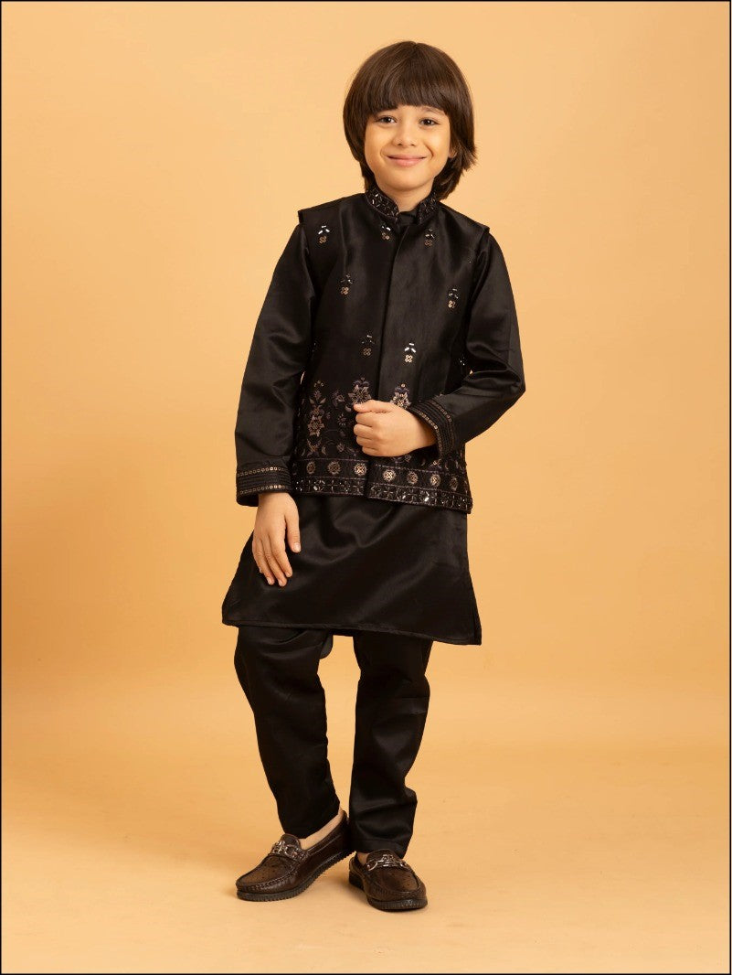 Black Color Thread with Sequence Embroidered Work Kids Kurta, Payjama with Koti