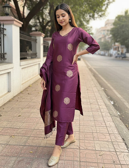 Purple Color Jacquard Fabric Weaving Worn Kurti, Pent and Dupatta