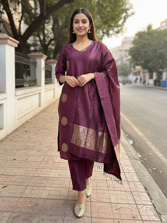 Purple Color Jacquard Fabric Weaving Worn Kurti, Pent and Dupatta