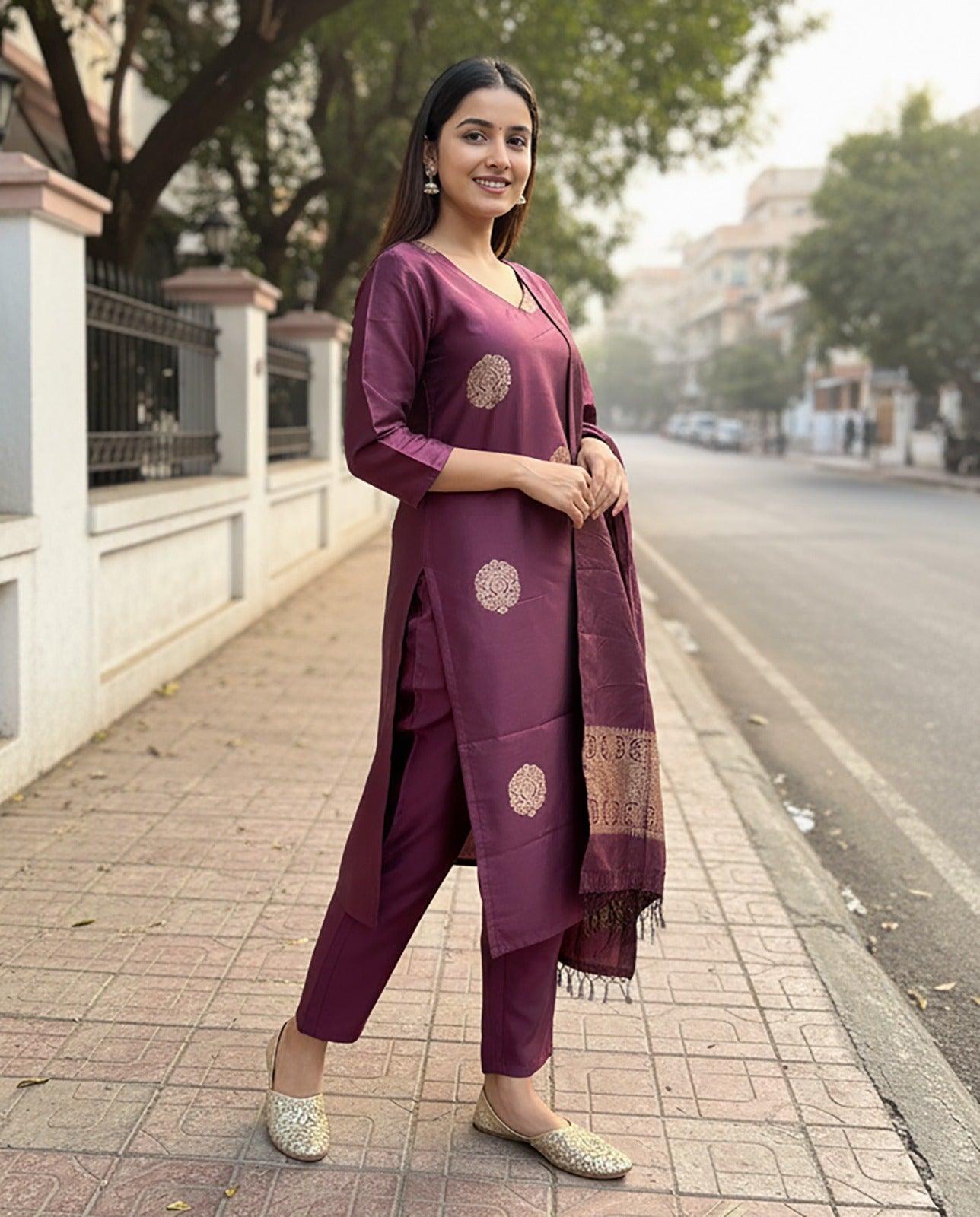 Purple Color Jacquard Fabric Weaving Worn Kurti, Pent and Dupatta