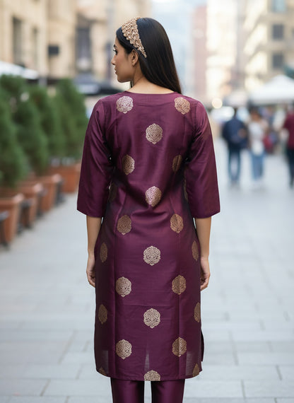 Purple Color Jacquard Fabric Weaving Worn Kurti, Pent and Dupatta