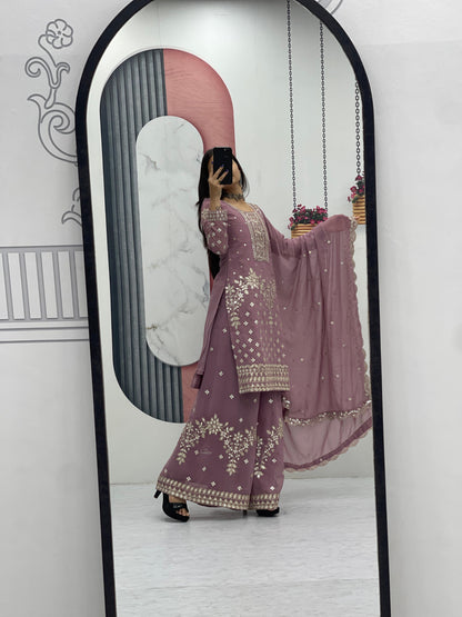 Pink Color Fox Georgette Heavy Embroidery Thread & Sequence Work Party Wear Top Plazzo & Dupatta Set