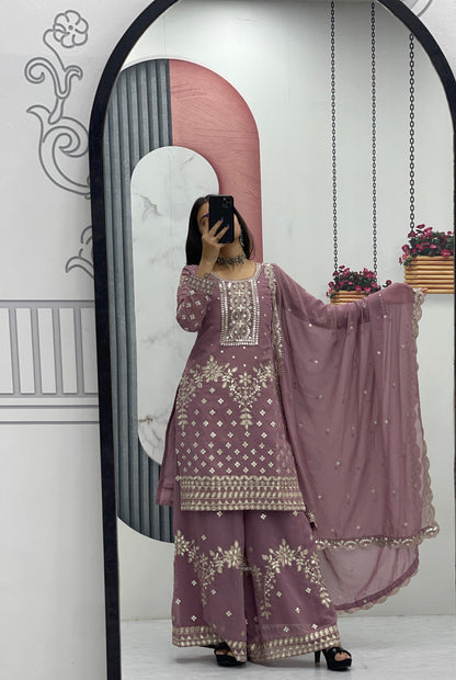 Pink Color Fox Georgette Heavy Embroidery Thread & Sequence Work Party Wear Top Plazzo & Dupatta Set