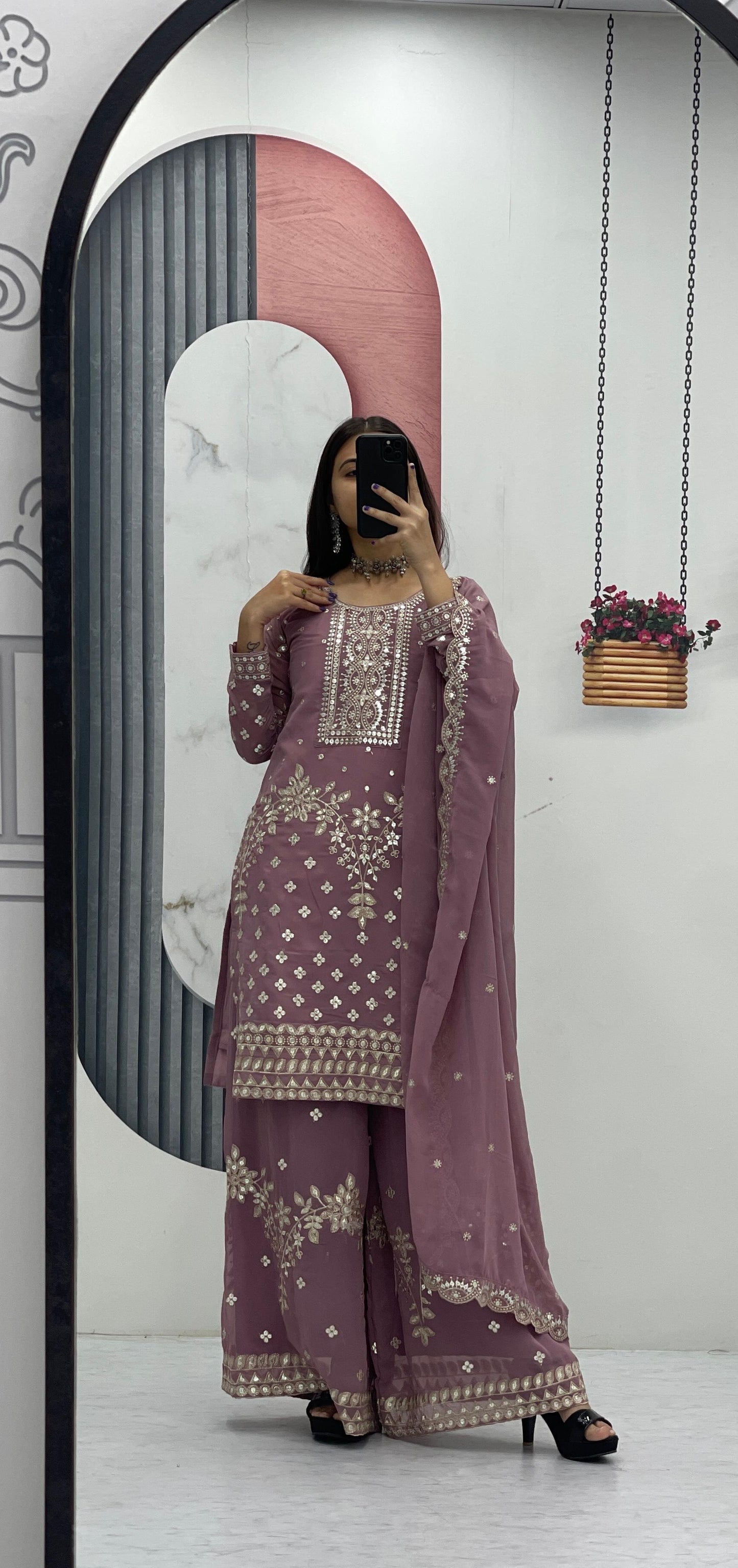 Pink Color Fox Georgette Heavy Embroidery Thread & Sequence Work Party Wear Top Plazzo & Dupatta Set