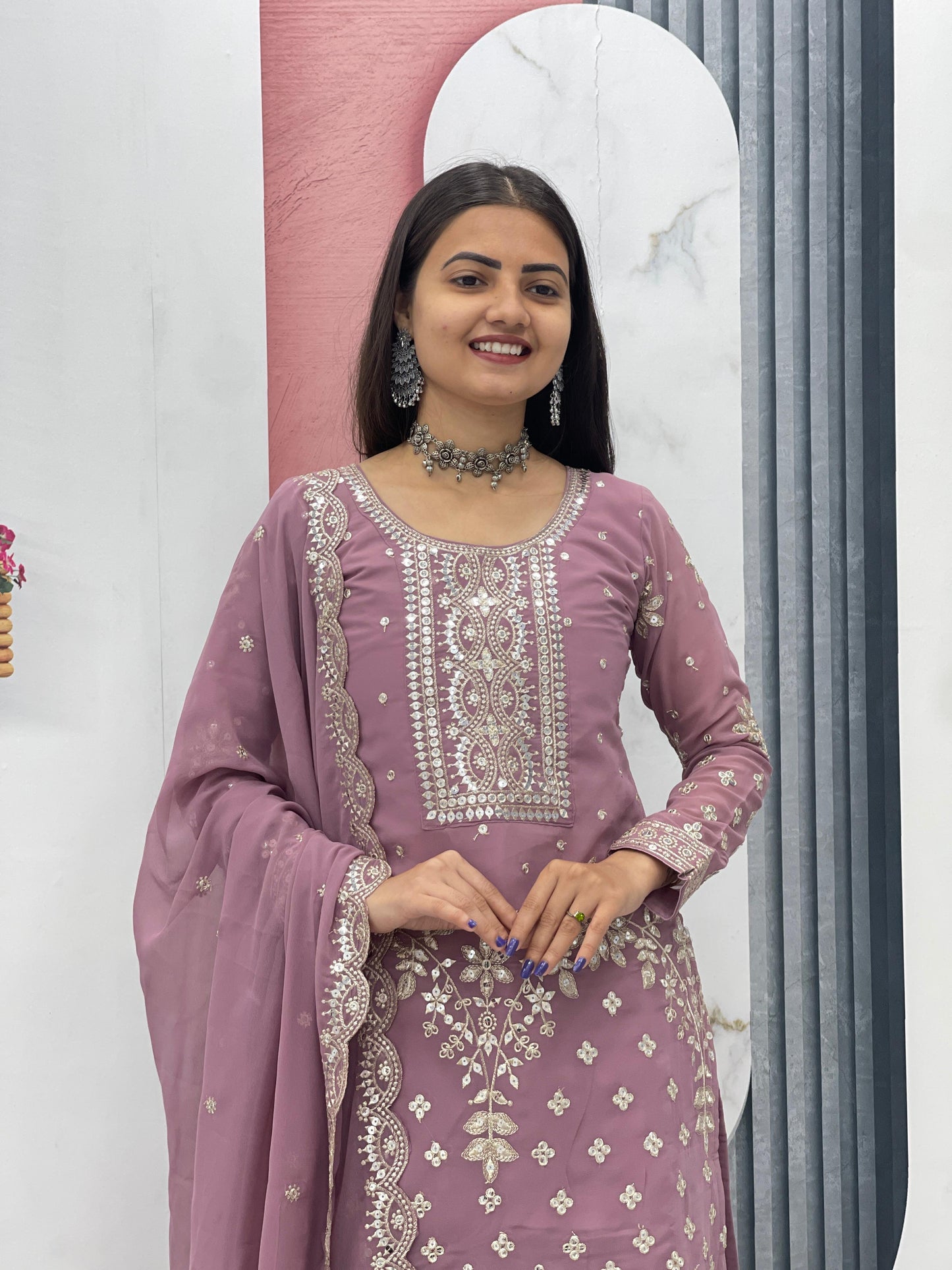 Pink Color Fox Georgette Heavy Embroidery Thread & Sequence Work Party Wear Top Plazzo & Dupatta Set