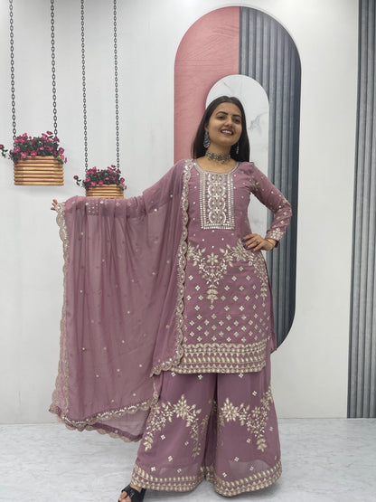Pink Color Fox Georgette Heavy Embroidery Thread & Sequence Work Party Wear Top Plazzo & Dupatta Set