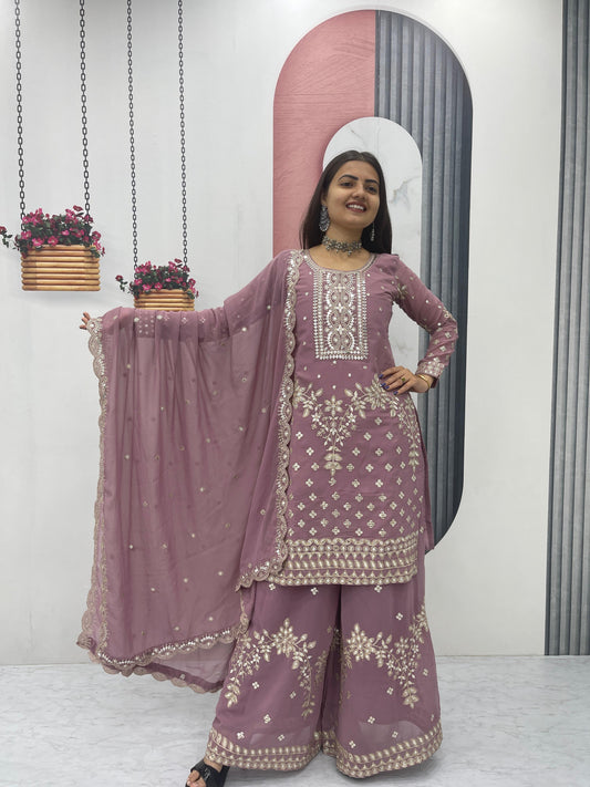 Pink Color Fox Georgette Heavy Embroidery Thread & Sequence Work Party Wear Top Plazzo & Dupatta Set
