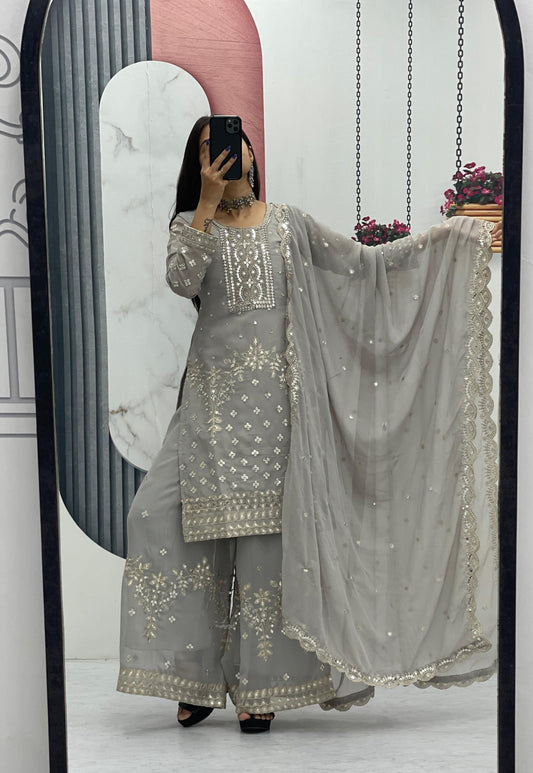 Gray Color Fox Georgette Heavy Embroidery Thread & Sequence Work Party Wear Top Plazzo & Dupatta Set