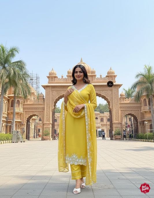 Yellow Georgette with Full inner Chanderi Bottom with Dupatta
