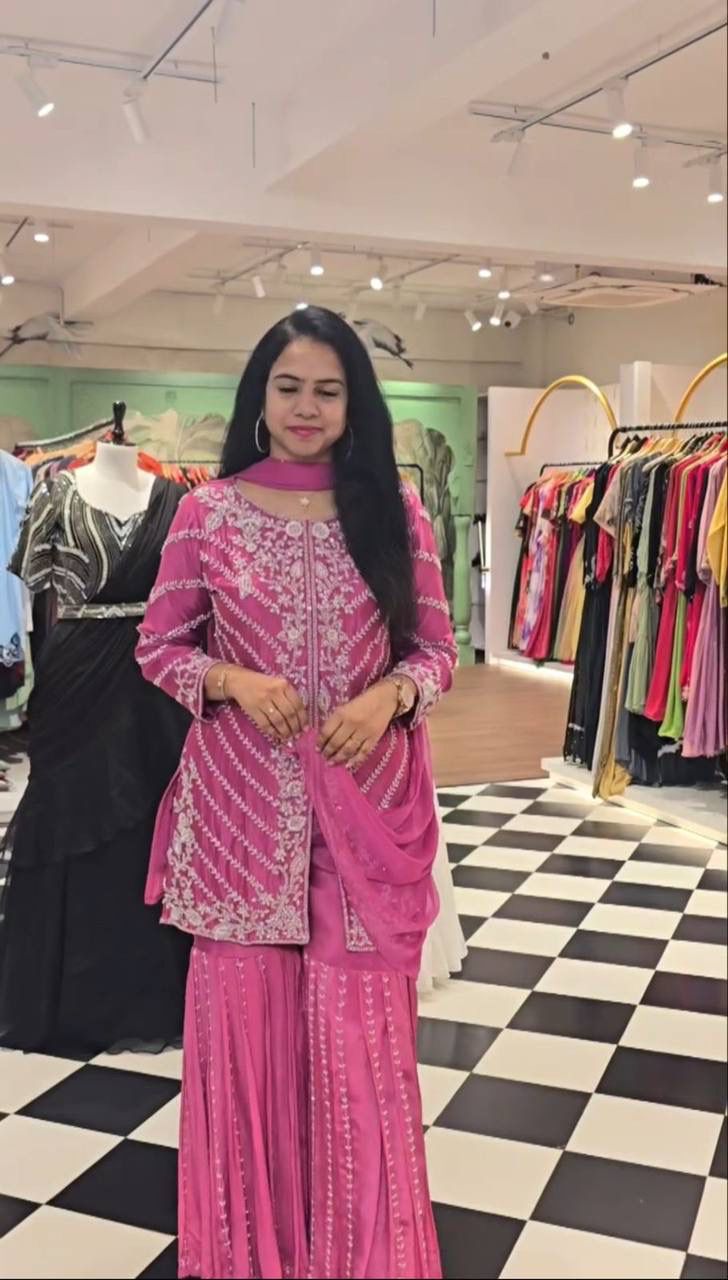 Pink Color Heavy Fox Georgette With Heavy Embroidery Sequence work Party Wear Top Sarara & Dupatta Set