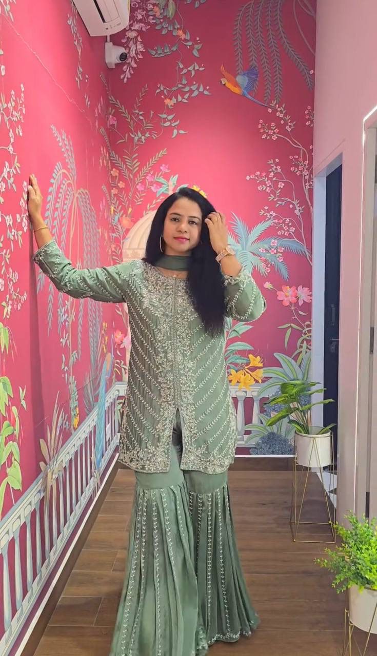 Green Color Heavy Fox Georgette With Heavy Embroidery Sequence work Party Wear Top Sarara & Dupatta Set