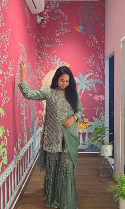 Green Color Heavy Fox Georgette With Heavy Embroidery Sequence work Party Wear Top Sarara & Dupatta Set