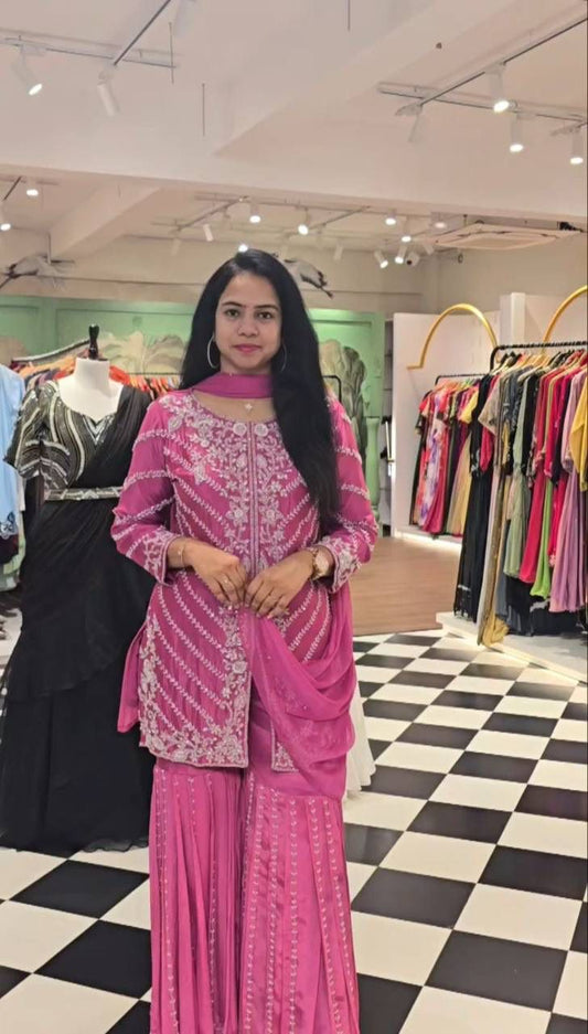 Pink Color Heavy Fox Georgette With Heavy Embroidery Sequence work Party Wear Top Sarara & Dupatta Set