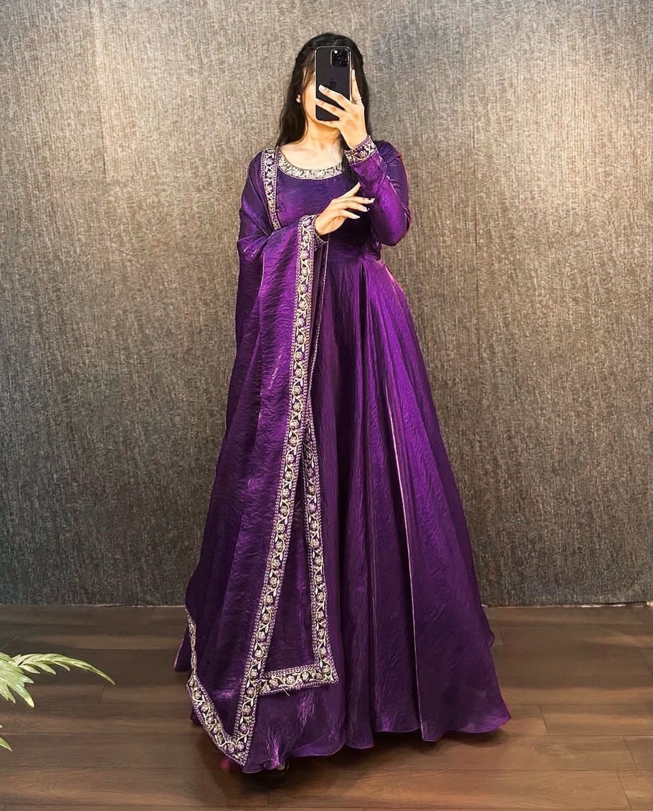 Purple Color Fendy Silk Fabric  Embroidered Work Gown With Dupatta