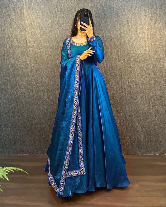 Blue Color Fendy Silk Fabric  Embroidered Work Gown With Dupatta