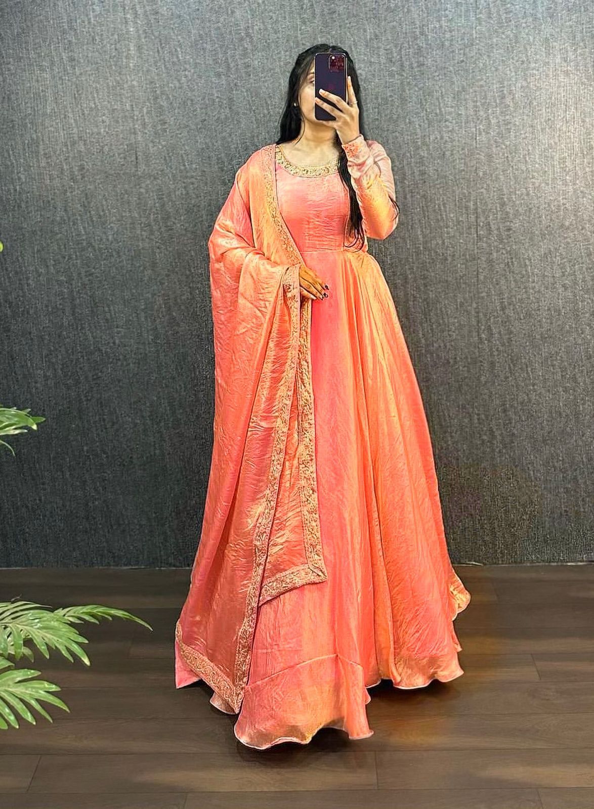 Peach Color Fendy Silk Fabric  Embroidered Work Gown With Dupatta