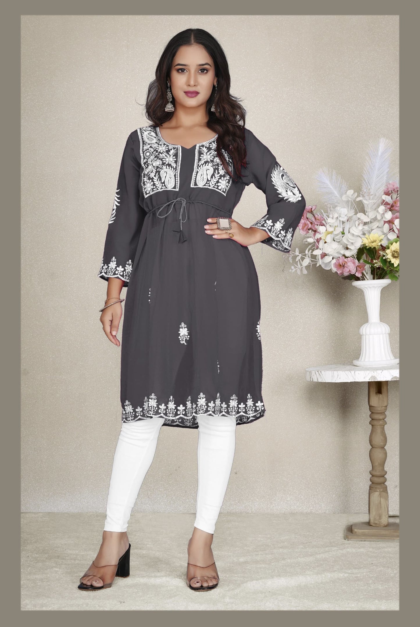 Gray Heavy Georgette Fabric with Heavy Embroidery work Top