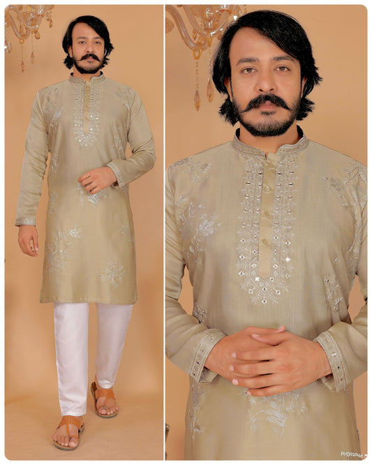Coffee Color Viscous Silk with Heavy embroidery sequence work Mens Kurta Payjama
