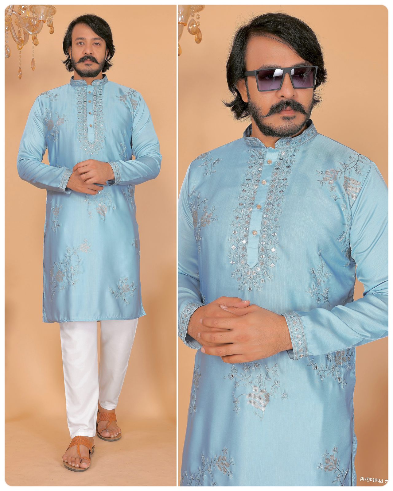 Sky Blue Color Viscous Silk with Heavy embroidery sequence work Mens Kurta Payjama