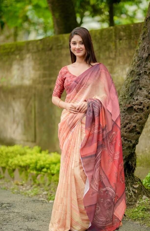 Multi Color Digital Printed Cotton Linen Saree With Blouse Piece
