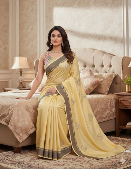 Beautiful Yellow Color Rangoli silk based jacquard weaving border saree with embroidery work