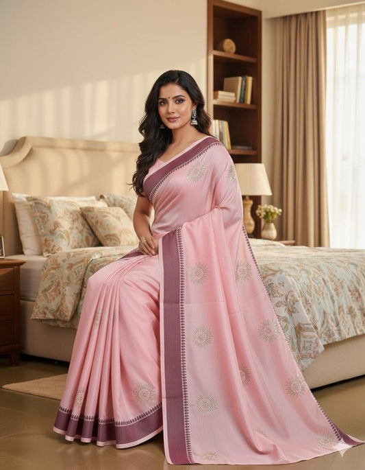 Beautiful Pink Color Rangoli silk based jacquard weaving border saree with embroidery work
