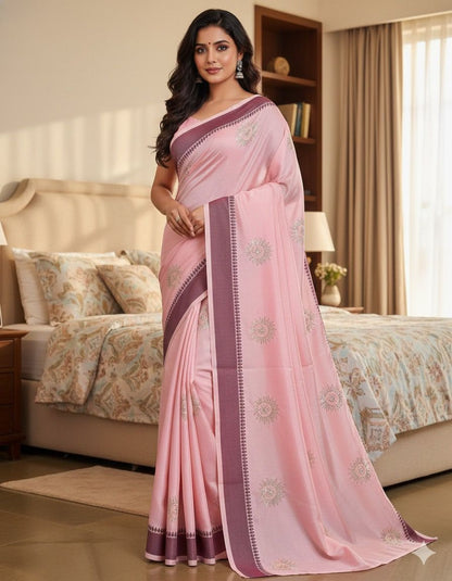 Beautiful Pink Color Rangoli silk based jacquard weaving border saree with embroidery work