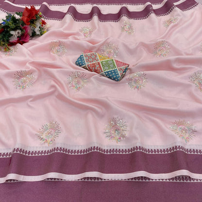 Beautiful Pink Color Rangoli silk based jacquard weaving border saree with embroidery work