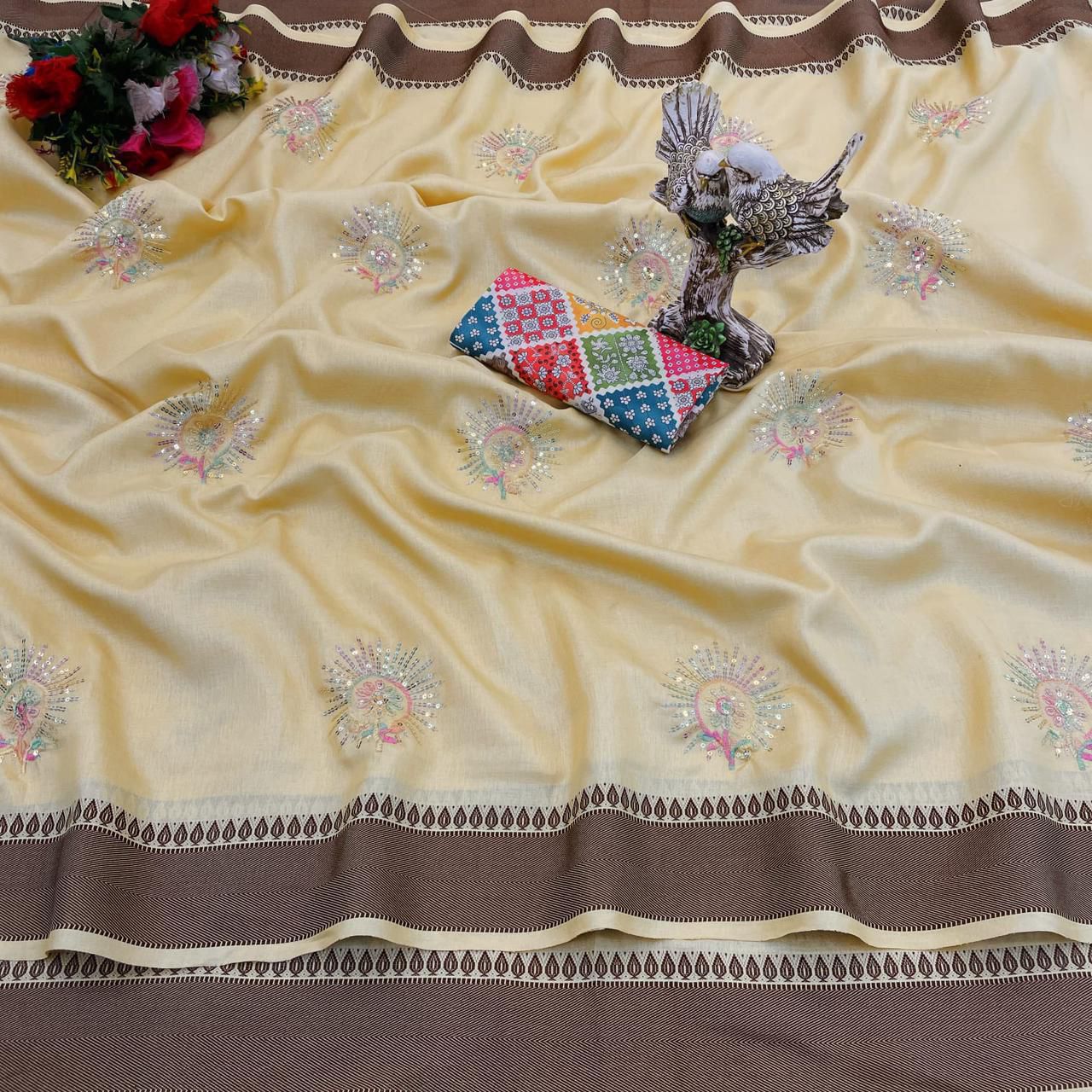 Beautiful Yellow Color Rangoli silk based jacquard weaving border saree with embroidery work