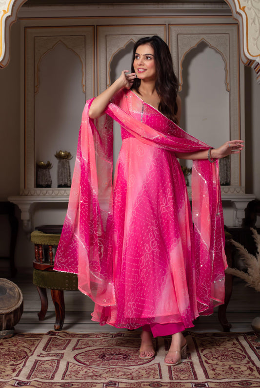 Pink Color Foux Georgette Mirror work with Digital Print Top, Bottom and Dupatta