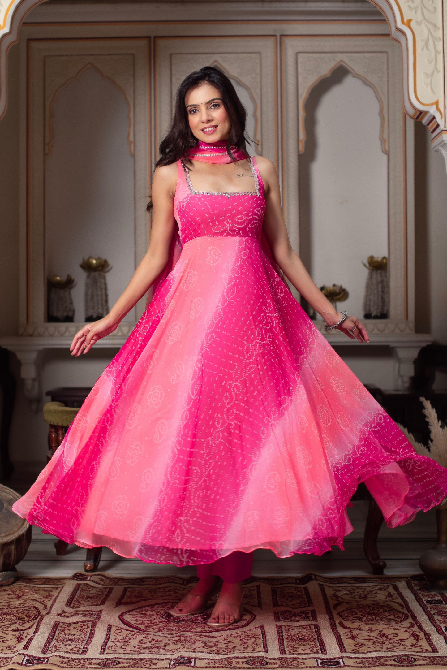 Pink Color Foux Georgette Mirror work with Digital Print Top, Bottom and Dupatta
