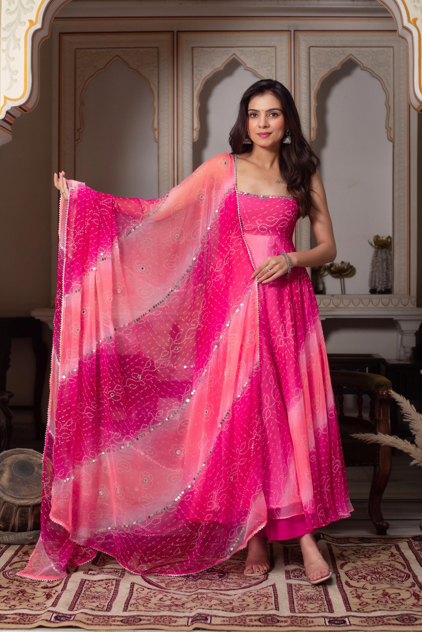 Pink Color Foux Georgette Mirror work with Digital Print Top, Bottom and Dupatta