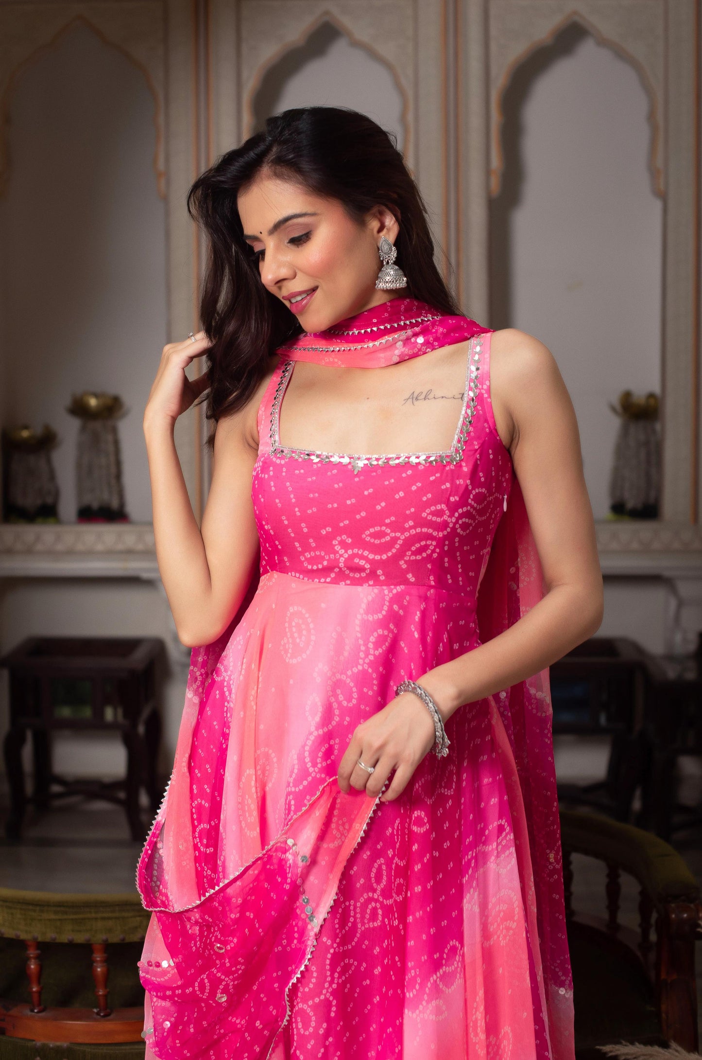 Pink Color Foux Georgette Mirror work with Digital Print Top, Bottom and Dupatta