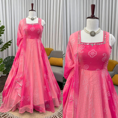 Pink Color Foux Georgette Mirror work with Digital Print Top, Bottom and Dupatta