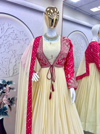 Heavy Mono Silk Embroidery Sequins & Codding Work With Bandhni Prints Gown with Koti