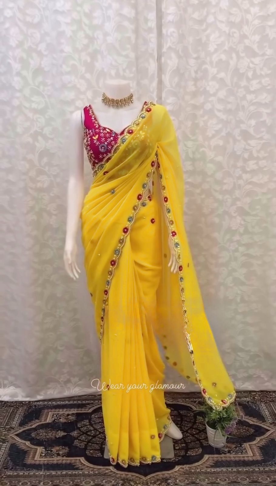 Yellow Color Faux Georgette Intricate Thread & Sequence With Moti Work Saree With Blouse Piece