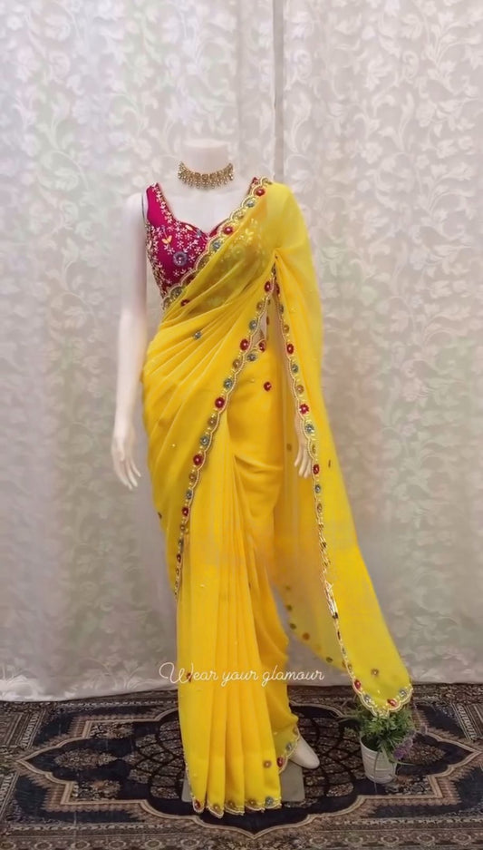 Yellow Color Faux Georgette Intricate Thread & Sequence With Moti Work Saree With Blouse Piece