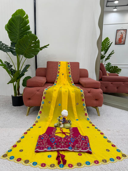 Yellow Color Faux Georgette Intricate Thread & Sequence With Moti Work Saree With Blouse Piece