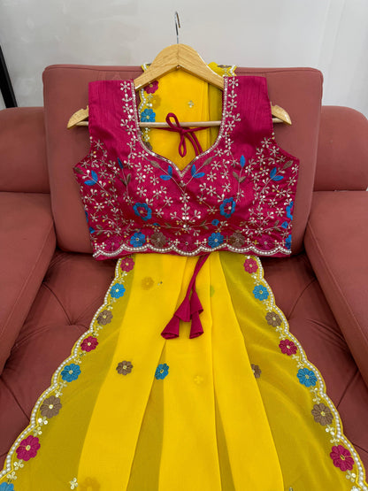 Yellow Color Faux Georgette Intricate Thread & Sequence With Moti Work Saree With Blouse Piece