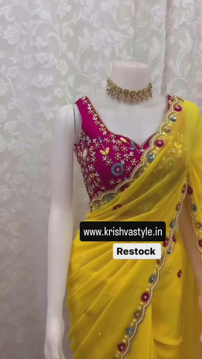 Yellow Color Faux Georgette Intricate Thread & Sequence With Moti Work Saree With Blouse Piece