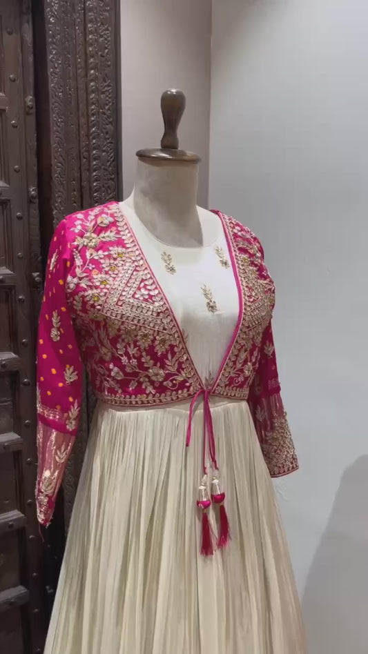 Heavy Mono Silk Embroidery Sequins & Codding Work With Bandhani Prints Gown with Koti and Dupatta